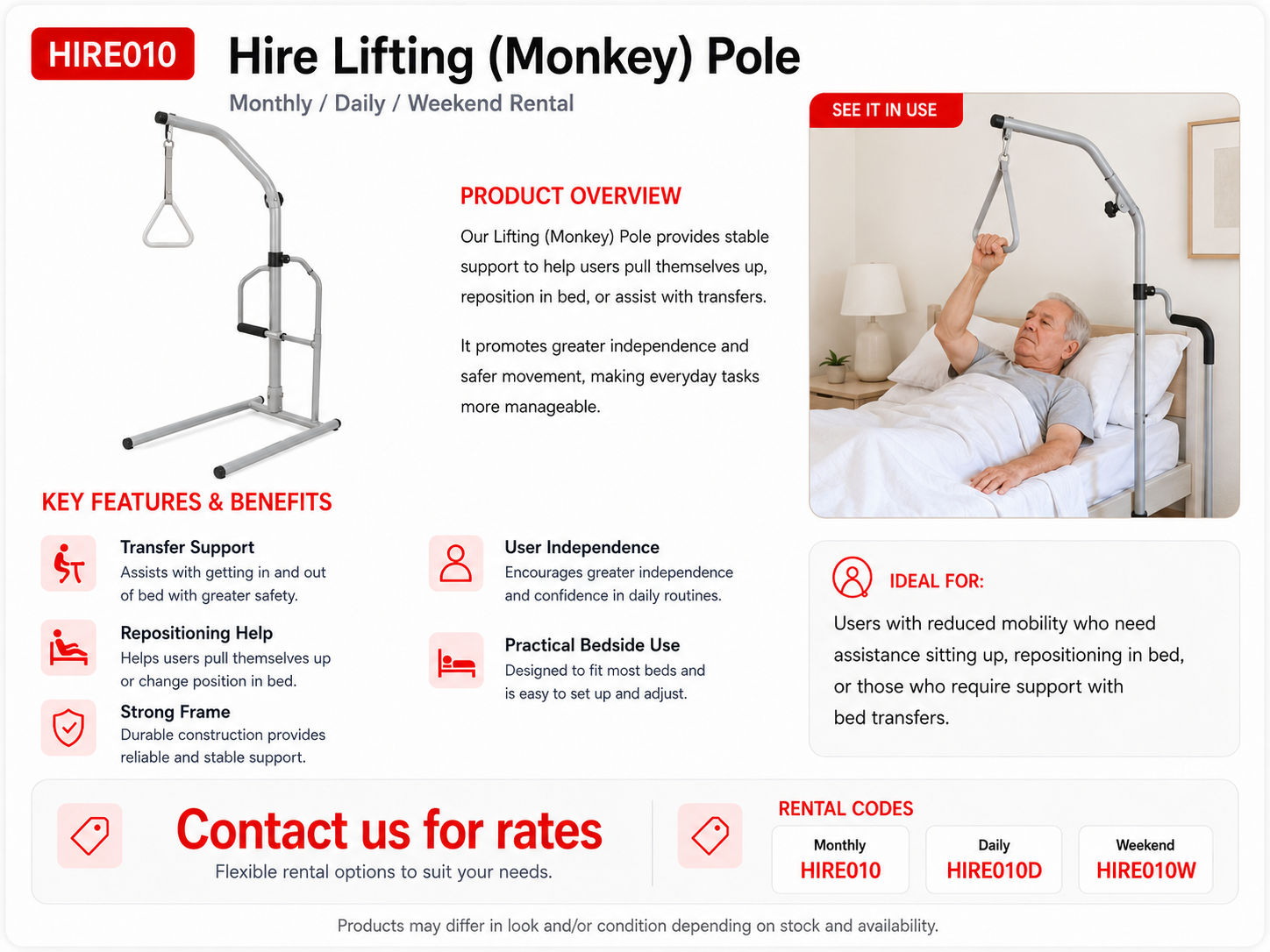 HIRE PATIENT LIFTING(MONKEY) POLE