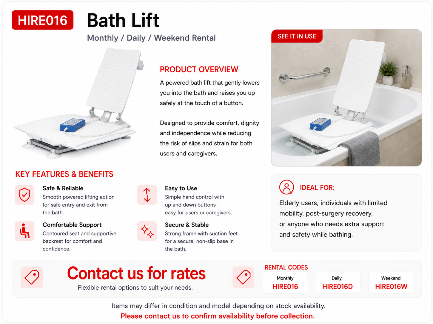 HIRE BATH HOIST BATTERY OPERATED