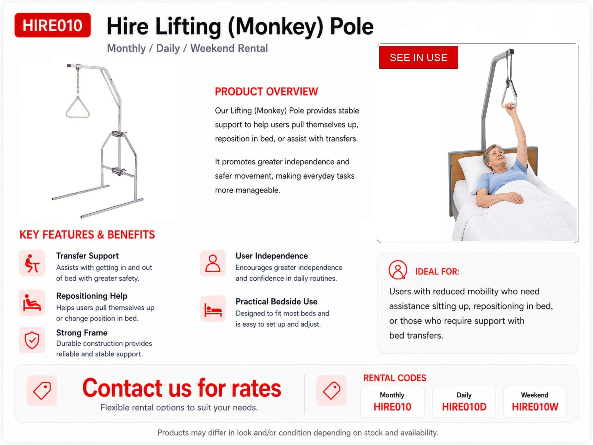 HIRE PATIENT LIFTING(MONKEY) POLE